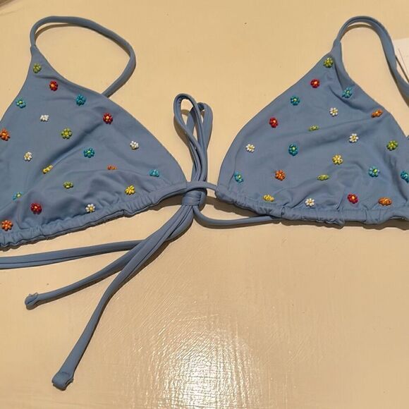 L*Space Women’s L Brittany Triangle String Bikini Top Light Blue Beaded Flowers - Picture 1 of 6